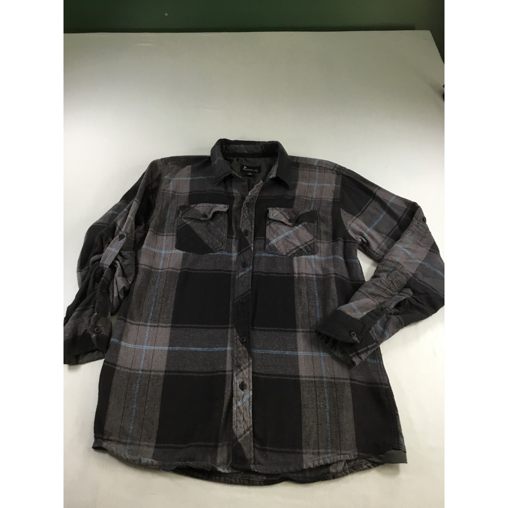 Burnside Mens M Fall Plaid Flannel Black Grey Button Down Shirt Layering Outdoor